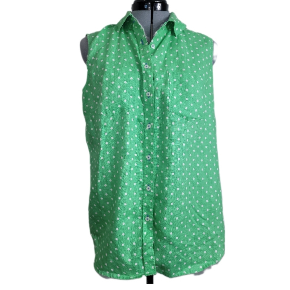 Talbots Sleeveless Linen Polka Dot Green Button Down Size M